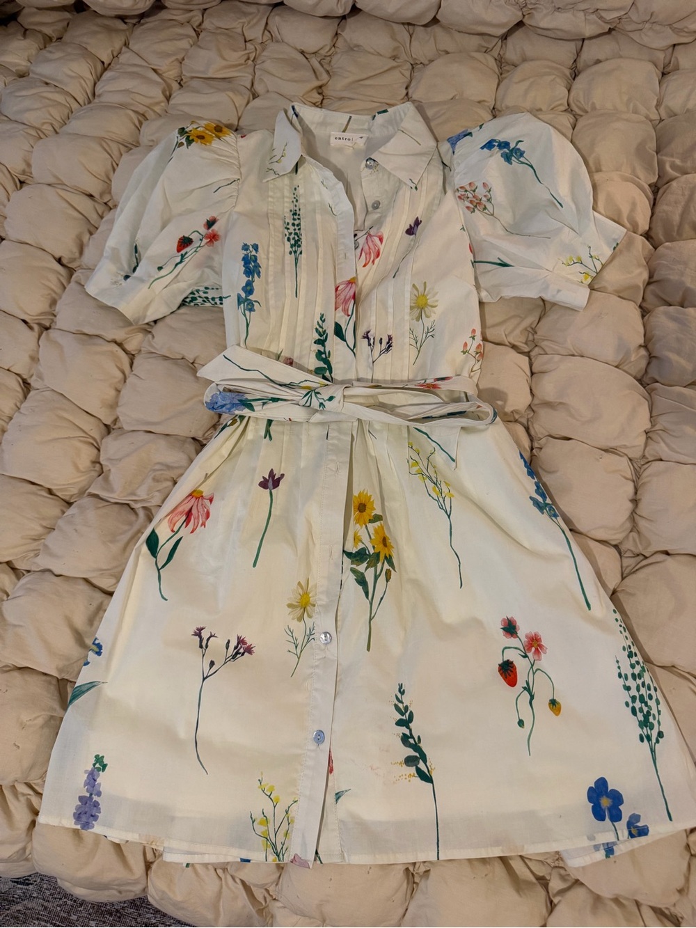 Entro Botanical Floral Puff Sleeve Button Front Belted Dress Small
